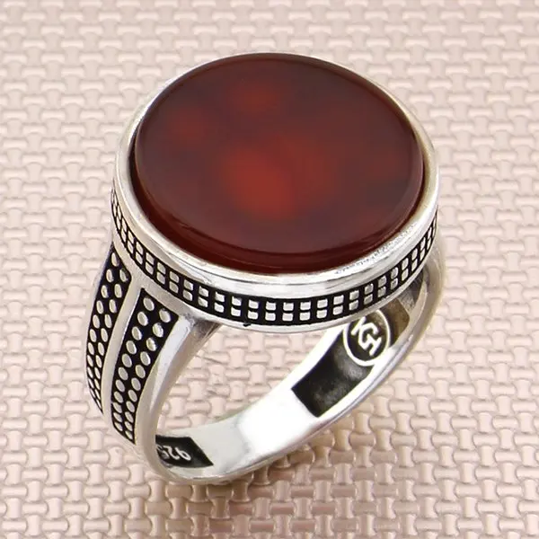 Round Red Agate Stone Men Silver Ring Little Finger Silver Ring Made in Turkey Solid 925 Sterling Silver