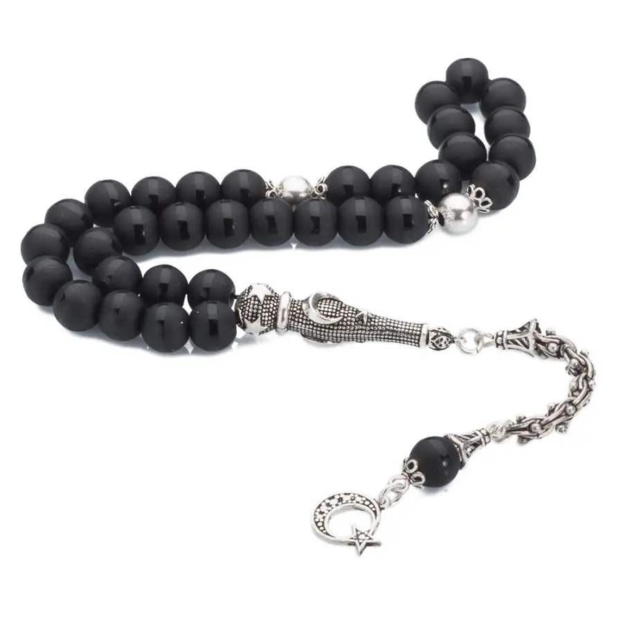 

Matte Black Onyx Gemstone Prayer Rosary Men Sphere Cut Rosary With Silver Tassel Turkish Tasbih Crescent Star Model Tassel