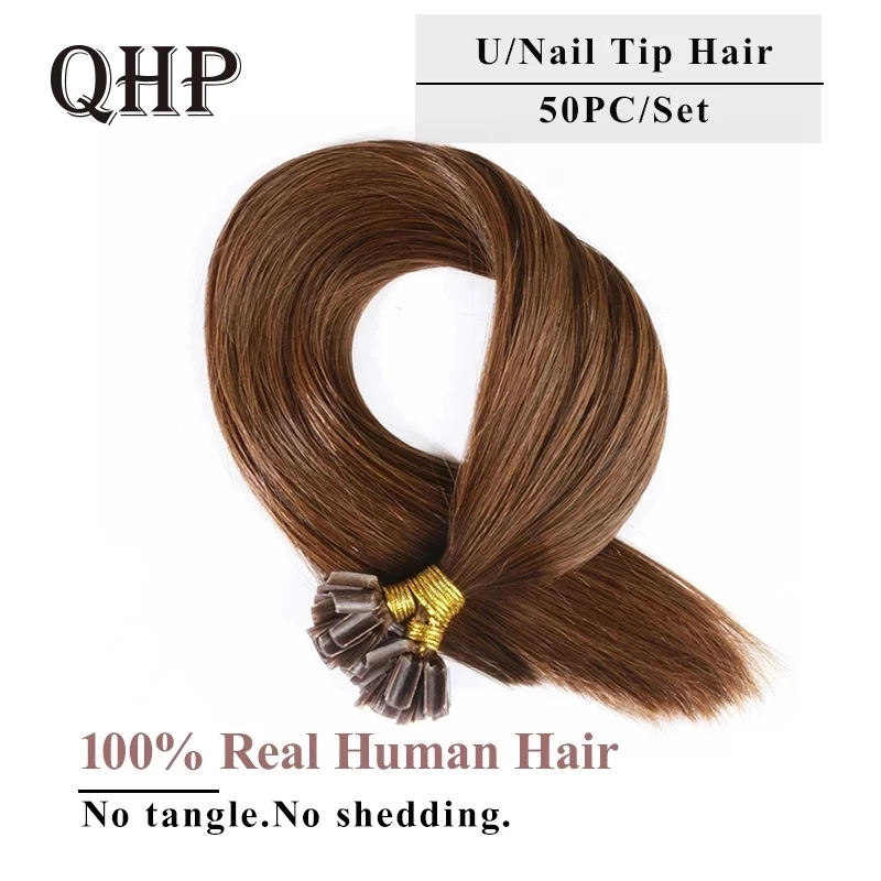 QHP Hair Straight Keratin Human Fusion Hair Nail U Tip Machine Made Remy Human Hair Extensions 1g/ps 50g Muti-Color