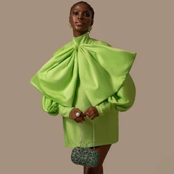 High Neck Satin Dress Long Sleeve Mini Dress With Bow Bubble Sleeve Female Dress Women's Dress Casual Women's Dresses Plus Size