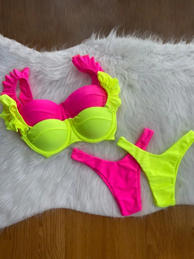 Push Up Swimwear Women 2024 Sexy Bikinis Solid Color Swimsuit Brazilian Biquini Two Piece Suits Micro Thong Ruffle Swimsuits