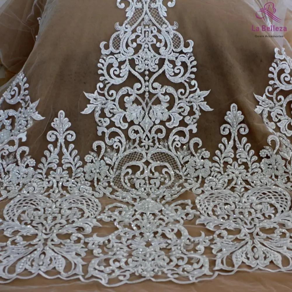 La Belleza new 75cm width Pure white Bilateral Beaded sequins lace trim gorgeous lace trim for bridal accessories 1 yard