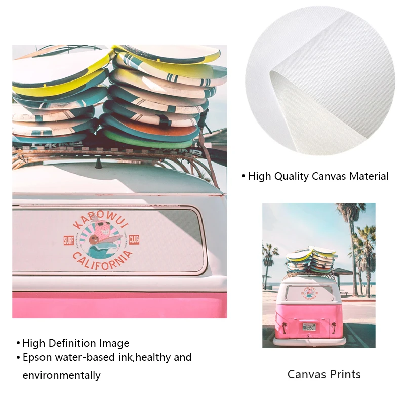 Beach Pink Blue Camper Van Canvas Painting Posters Tropical Surf Coastal Palm Trees Art Prints Wall Pictures Living Room Decor