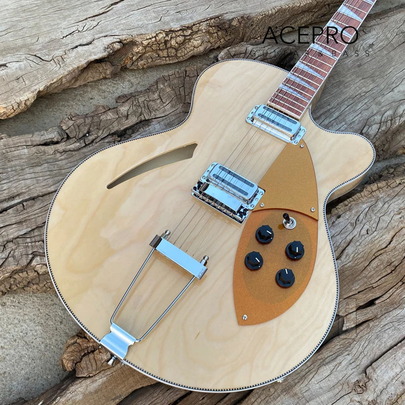 In Stock Full Hollow Body Electric Guitar Natural Color, Gold Pickguard, Trapeze Tailpiece, 360 370 Guitarra, Free Shipping