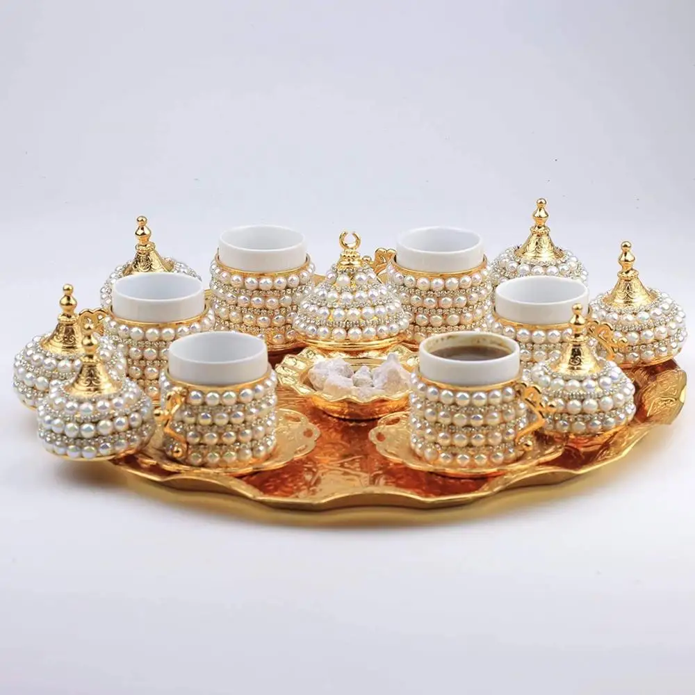 Pearl and Swarovski Stone Covered Turkish Coffee Sets Turkish Cups Set Made in Turkey Arabic Coffee Sets Set of 6 Handmade Gift