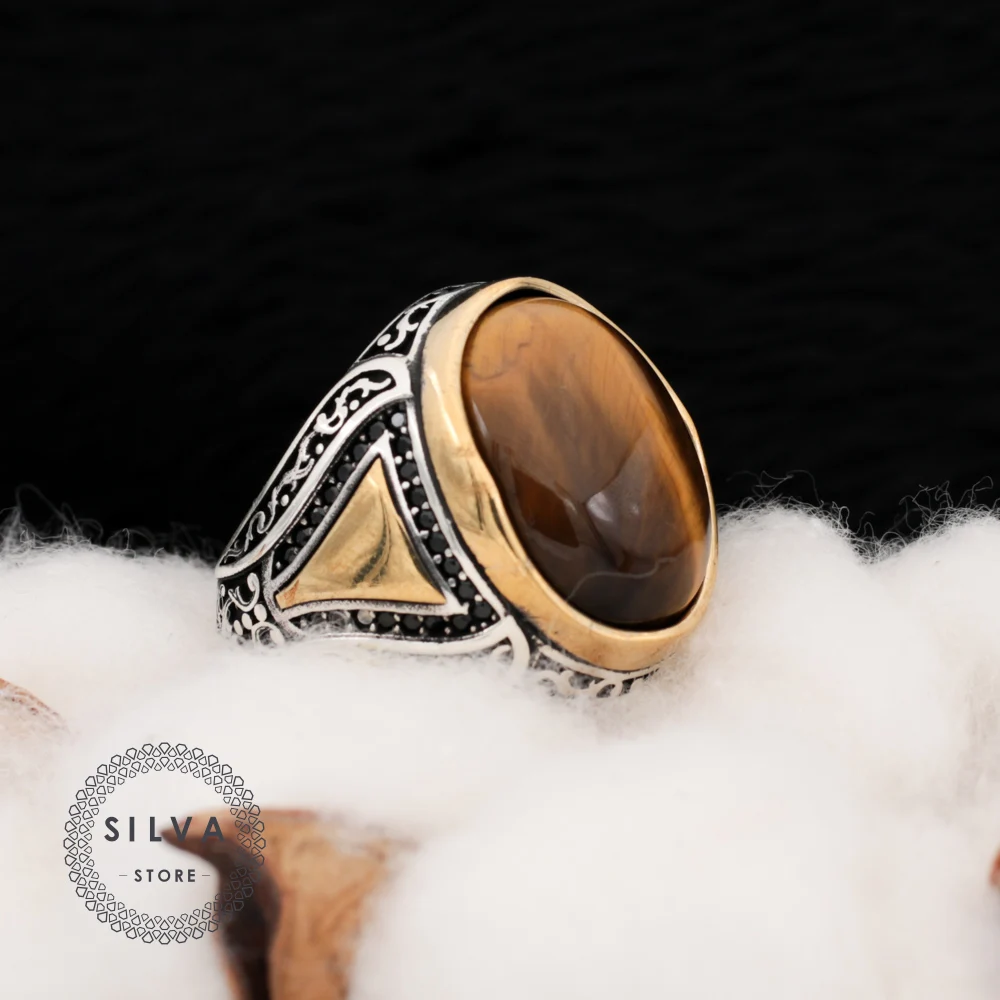 Original 925 Silver Men's Ring With Tiger Eyes Stone. Man Jewellery Stamped With Silver Stamp 925 All Sizes Are Available