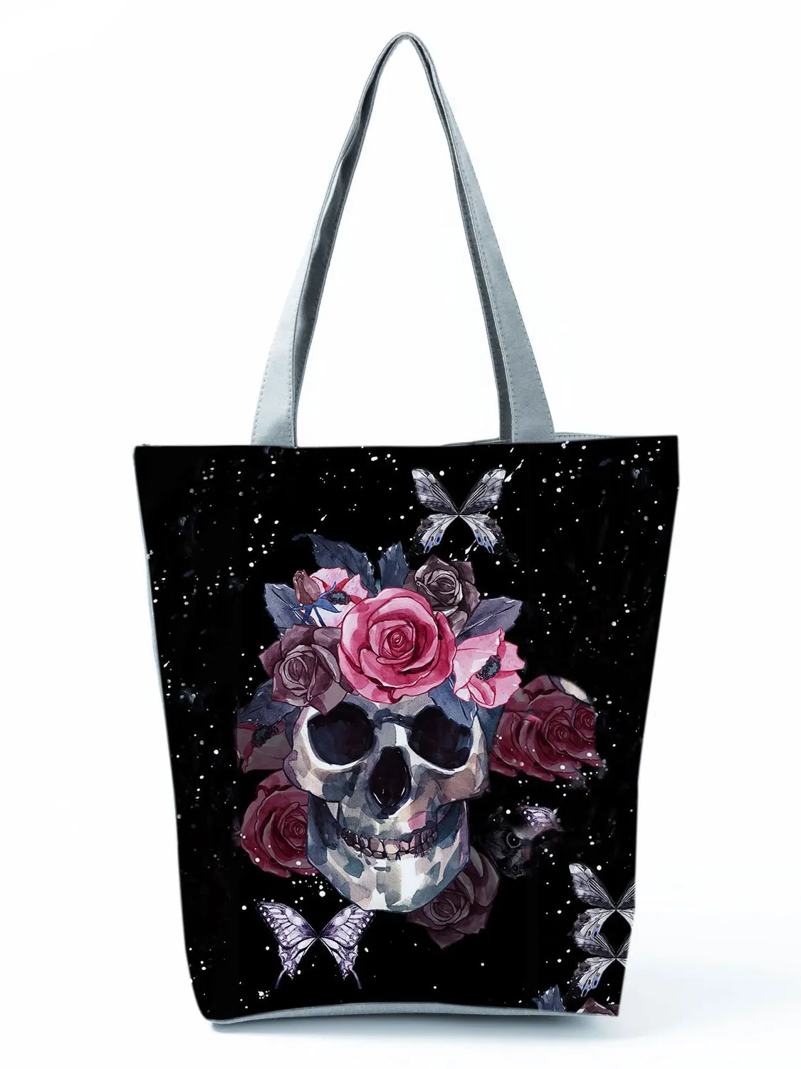 Starry Sky Skull Rose Printed Large Women's Shoulder Bag Halloween Candy Bag Daily Portable Travel Bento Bag Eco Shopping Bag