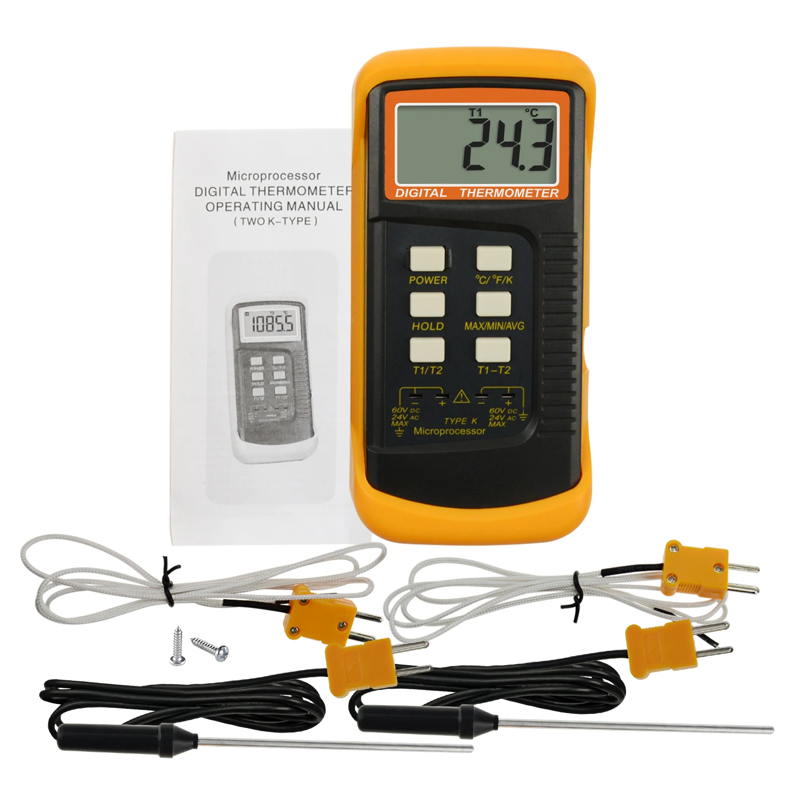 Digital 2 Channels K-Type Thermometer w/ 4 Thermocouples (Wired & Stainless Steel) For Ovens, Furnaces, Ceramics, Pottery