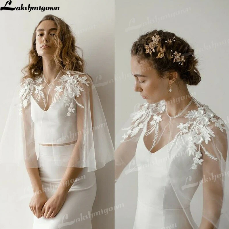 

2022 Soft Tulle Wedding Cape Shoulder Appliques Bridal Jacket Lace Women Formal Wear Wrap Women Wedding Accessory