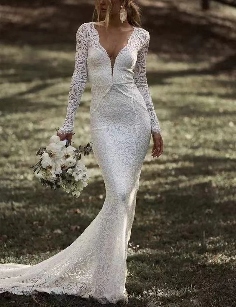 11775#Elegant Bohemian Open Back Sweep Train Long Sleeve Beach Lace Deep V-Neck Sexy Wedding Dress Wedding Bridal Gown Custom