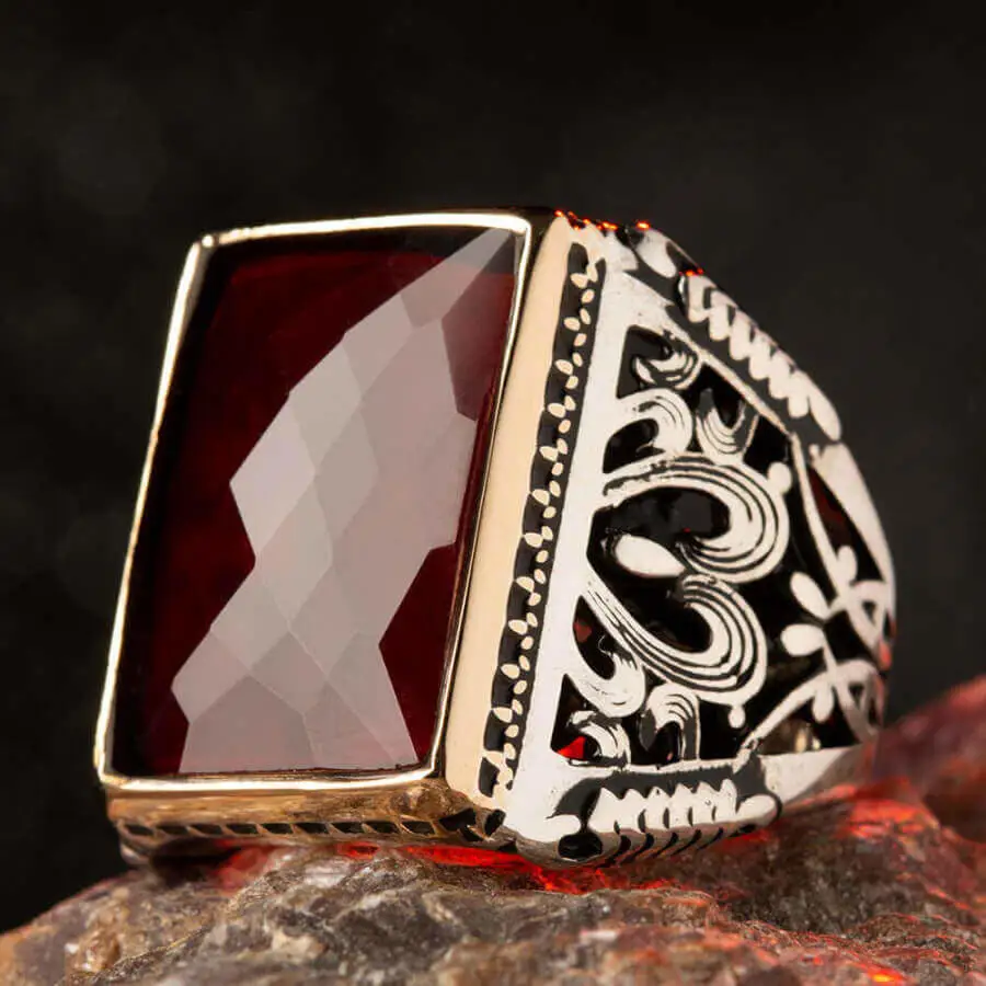 Sterling Silver Mens Rectangular Ring with Red Zircon Stone Fashion Turkish Premium Quality Handmade Jawelery