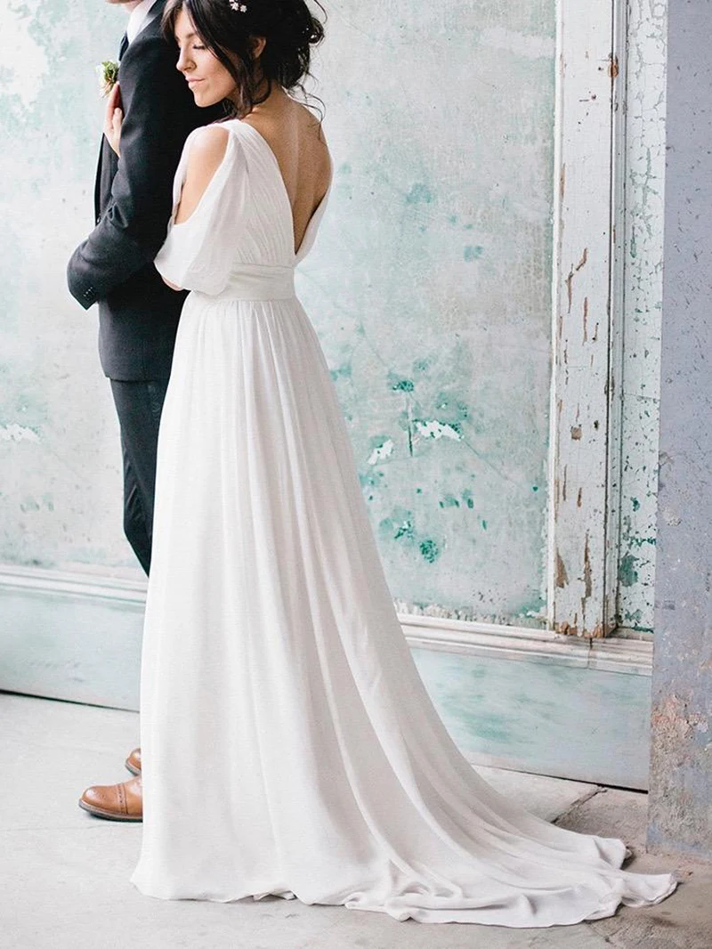 Robe De mariée froncée en mousseline De soie, tenue De plage française Simple, col en V, dos nu, épaules dénudées, grande taille