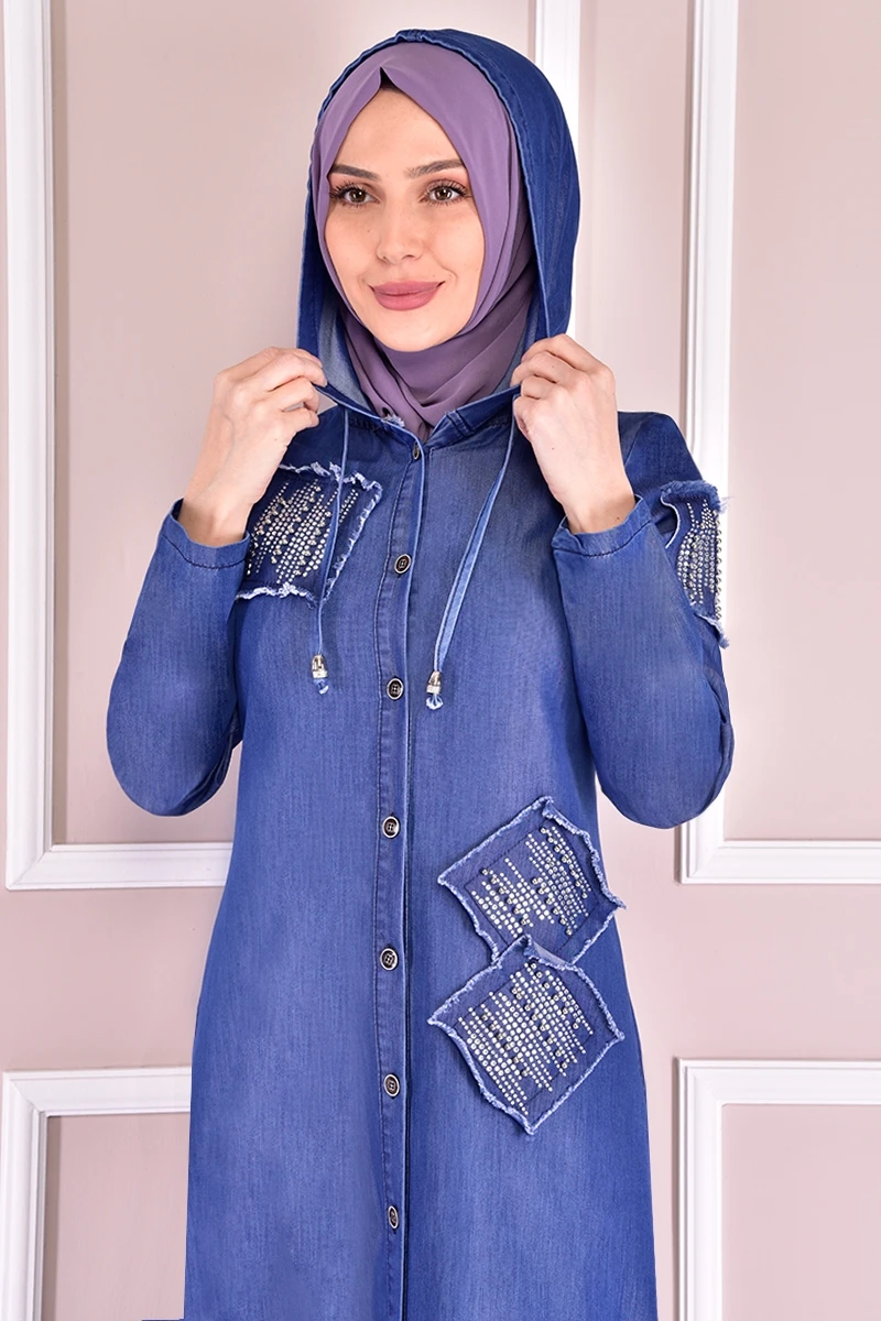 Through-hole Button Arched Handle Denim Dress Dark Blue muslim long dress women Dubai turkish hijab girls Islamic clothing Tunic big size