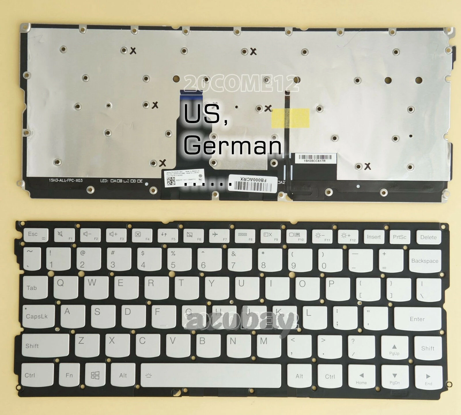 German US Keyboard for Lenovo Ideapad Yoga 900S-12ISK (Type 80ML), V154120BS1 SN20K09880 SN20K09907, SN20K13971, Backlit, Silver