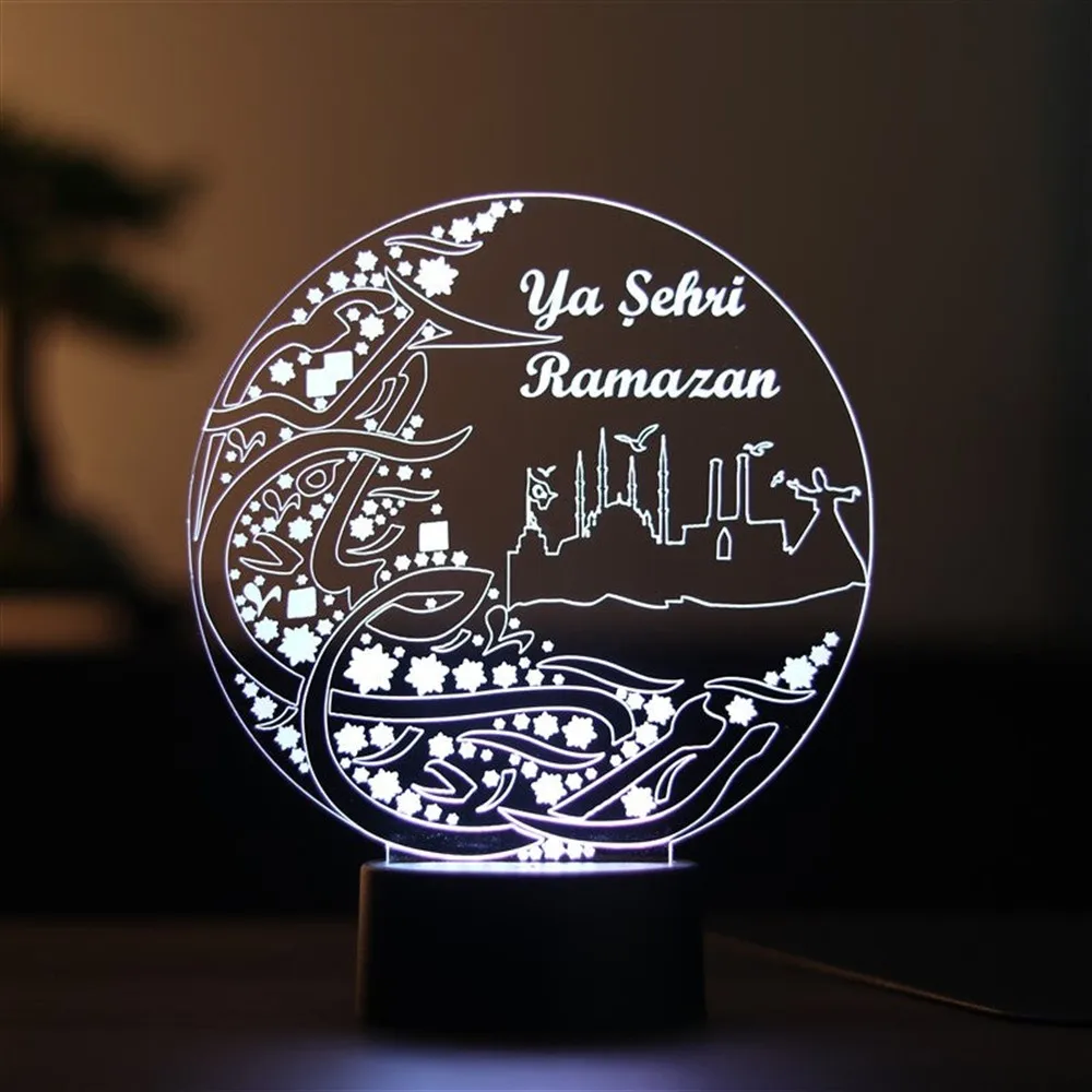 3D Illusion Ramadan Religious Acrylic Led Table Lamp 12 Volt Adapter Daylight Design Wood Base Birthday Special Day Gift Idea Room Decor Anime Wedding Stranger Things Led Lights Wedding Decoration Nightlights Bedroom