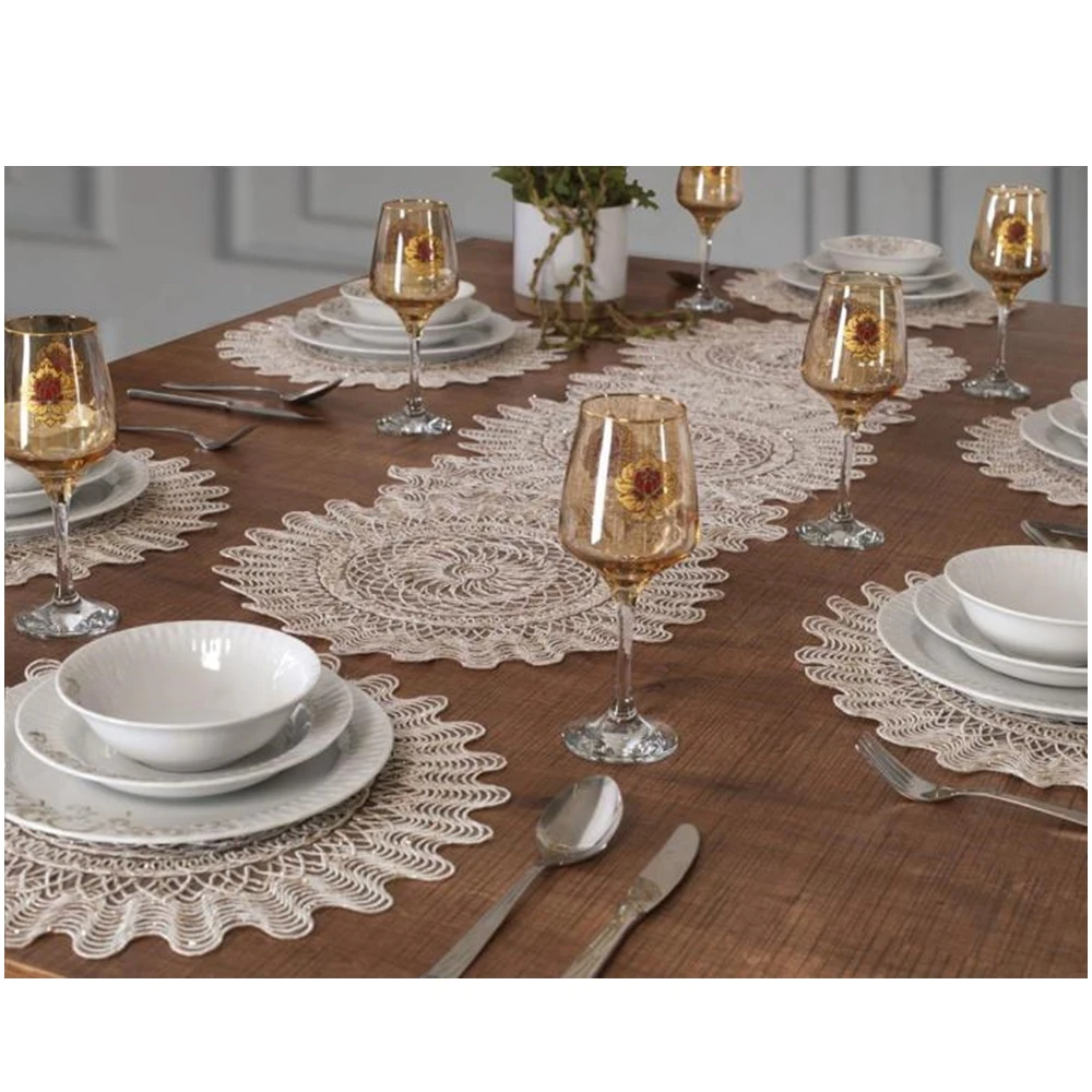 Lace Tablecloth Set of 7  Lace Table Runner & Lace Table american services for 6 persons Diner set  Lace fabric Made in TURKEY