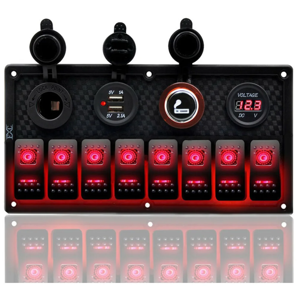 Newest 8 Gang Switch Panel Marine Boat Rocker LED Voltage Display 1A 2.1A Dual USB Charger+Cigarette Lighter