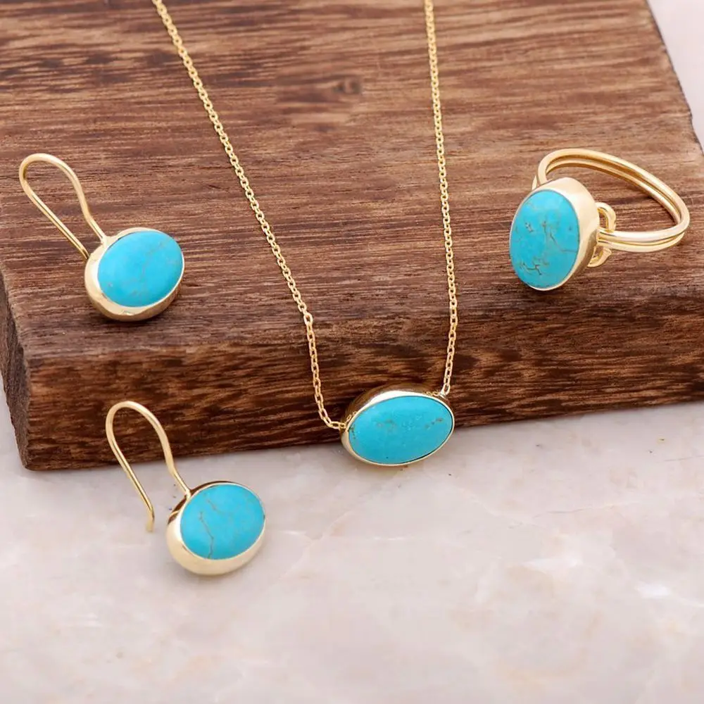 100% Natural Turquoise Stone 925 Sterling Silver Necklace Earrings Ring Gold Set Women Handmade Elegant Design Jewelry Fashion