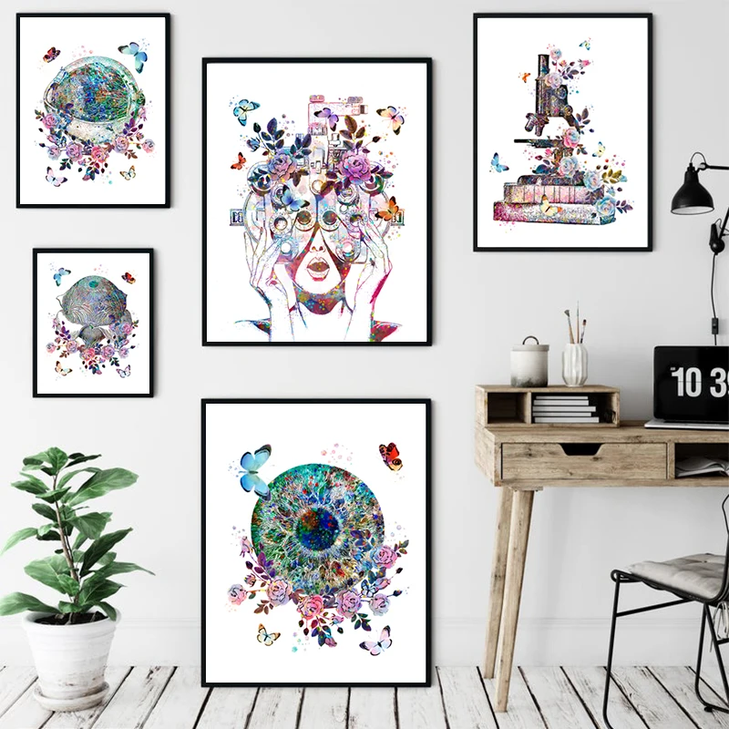 Ophthalmologist Optician Gift Floral Eye Anatomy Art Print Refractor Poster Microscope Canvas Painting Doctors Office Wall Decor