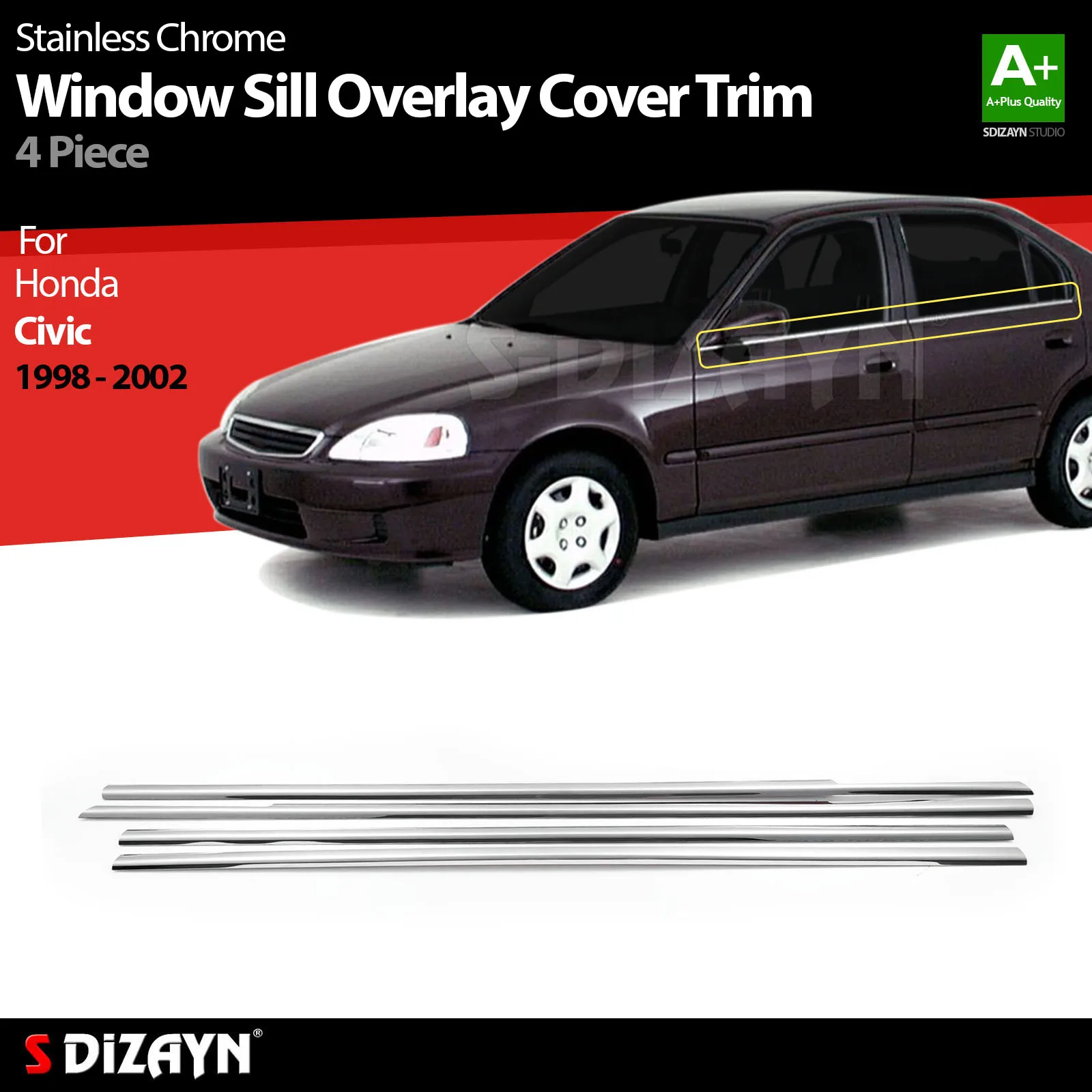 S Dizayn For Honda Civic Chrome Window Sill Overlay Cover Trim Stainless Steel 4 Pcs Exterior Car Accessories Parts Auto