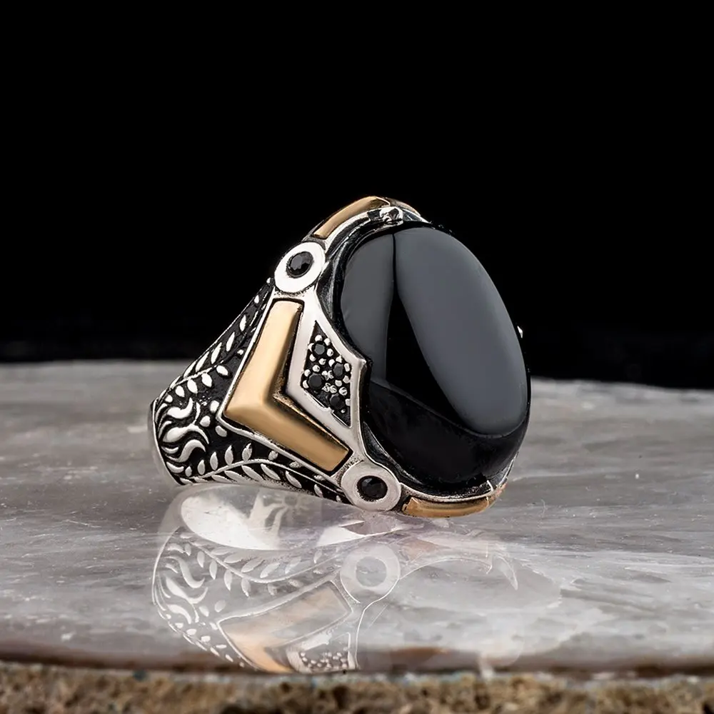 Onyx Stone Pattern Silver Men 'S Ring