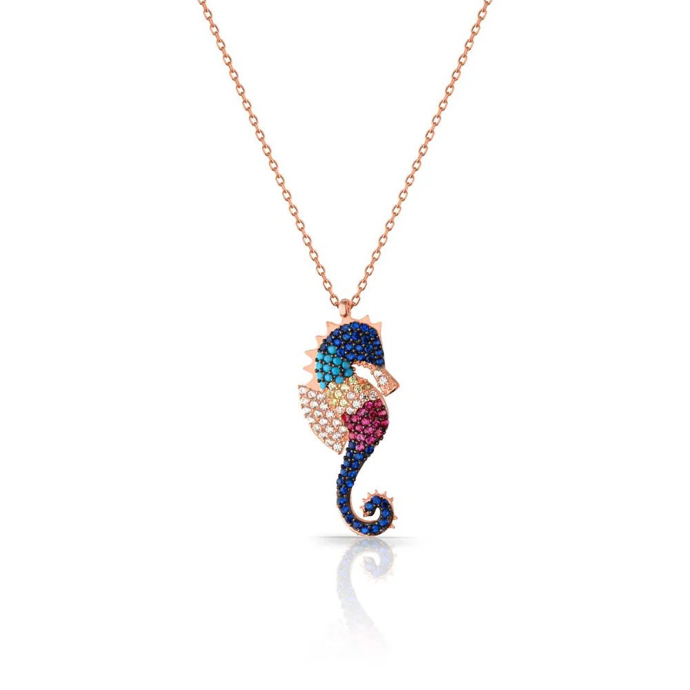 Glossy Seahorse Pendant Featuring Zircon Necklace Jewelry Sterling Silver with Chain