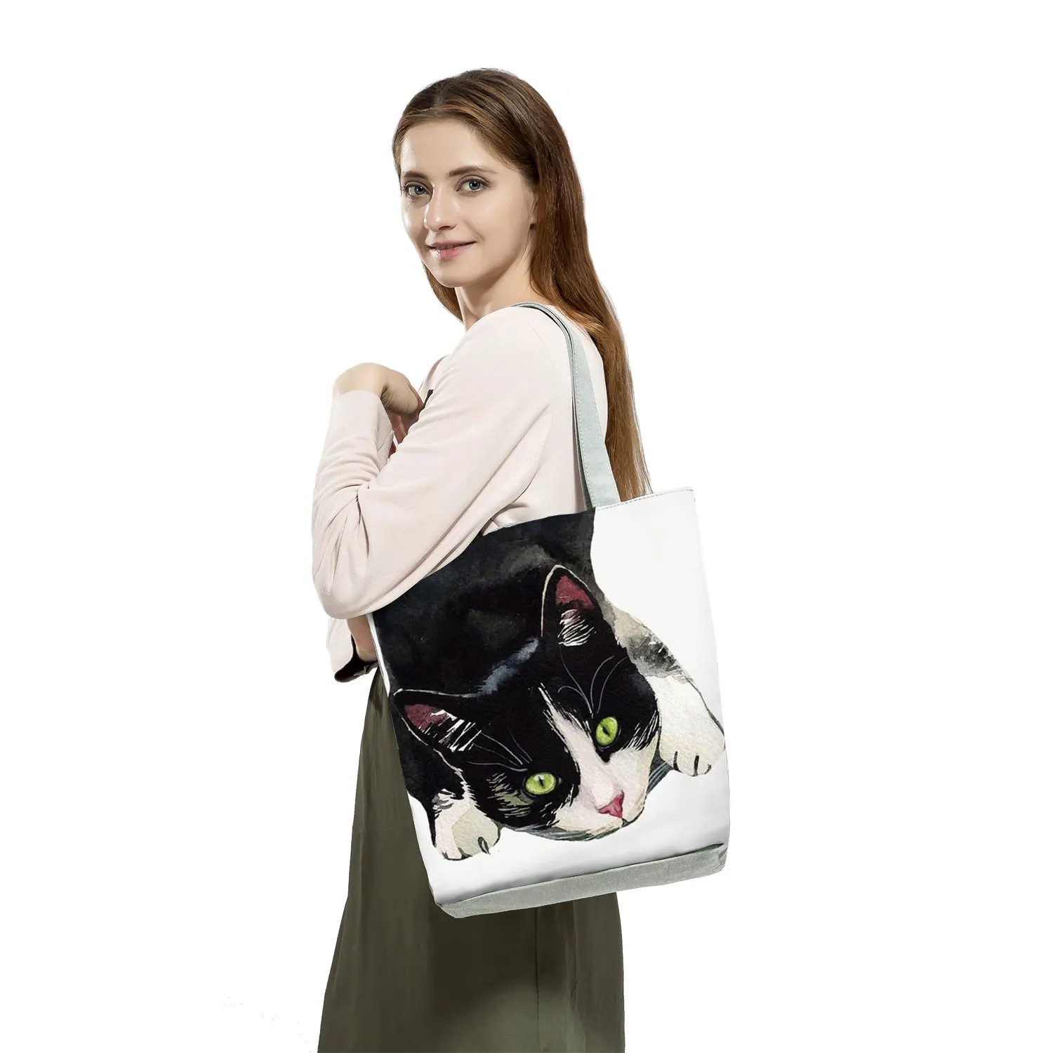 Fashion Handbgas Cute Watercolor Black Cat Painting Womens Designer Tote Eco Reusable Shopping Shopper Bags School Book Bag