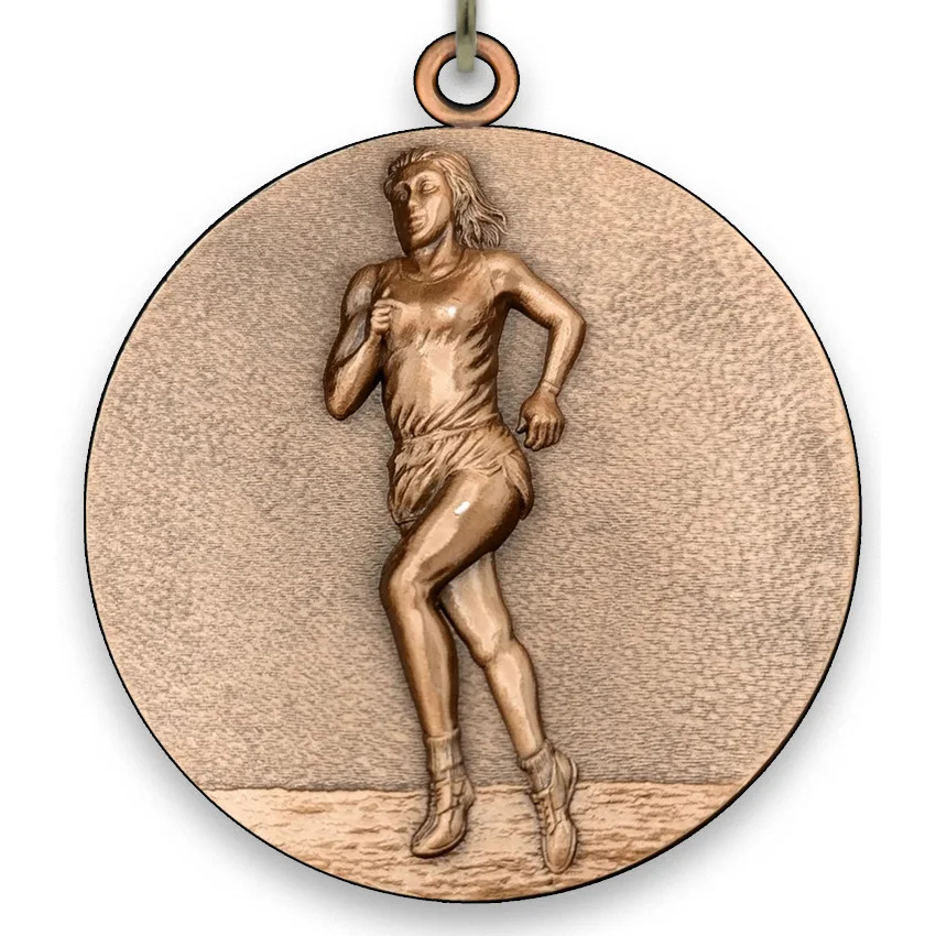 Large Metal Running Female Bronze Medal - 6,4 cm - with Neck Ribbon size 2.2cm x 80cm - Choice of Ribbon Colours.