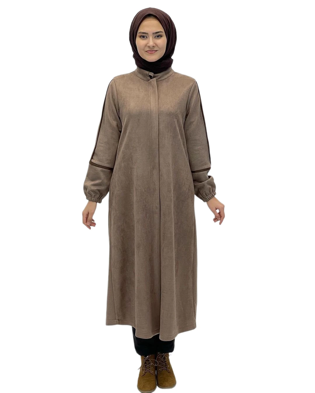 Muslim Abaya Islamic Hijab Fashion Clothing Winter Piping Hidden Zipper Suede Fabric Cap Model Dress