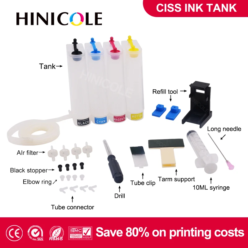 

Hinicole Ciss For HP For Canon Ciss Continuous Ink Supply System Diy Kit Tank 4 Color fit Printer Inkjet Cartridge Easy Install