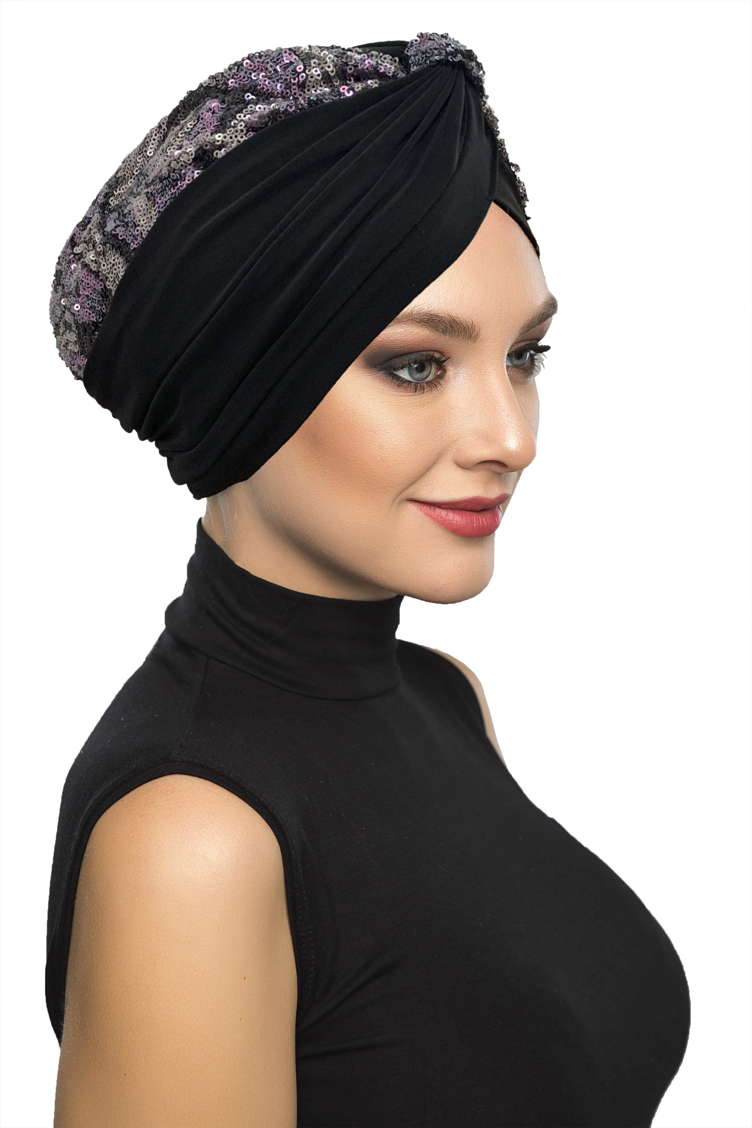 2022 New Fashion Silver-Purple Patterned Sequined On Black Ready Made Turban Hijab Bonnet Scarf Cancer Cap Special Women Product Beret Muslim Liner Chemo All Season Rib Lame Pearl Bead Custom Design