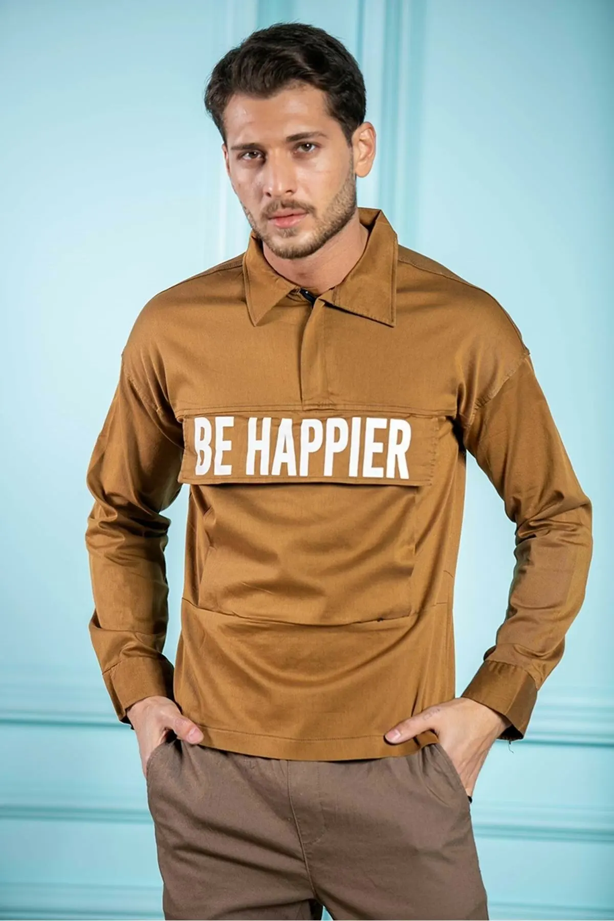 2021 New Season Men's Light Blue Be Happier Lycra Denim Sweatshirt Mustard Blue Navy Blue Black Dark Gray Turquoise Beige Khaki