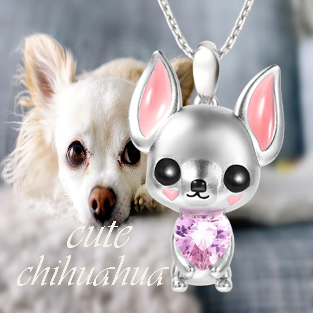 Imagen: Collar con colgante de Chihuahua de cristal rosa de corazón creativo para mujer, joyería de fiesta de mascotas exquisita para mujer, regalos de amor de cumpleaños únicos
