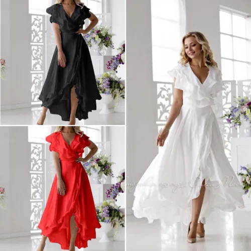 Anjelica Asymmetric Design Chiffon Dress chiffon Summer Dresses for women 022 elegant long sleeve V-neck ruffle chiffon dresses