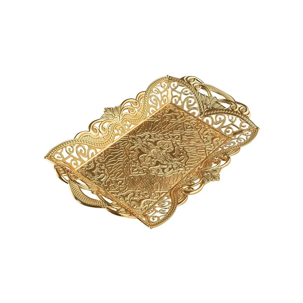 Embroidered Patterned Rectangle Gold 2 Person Tray Tray Handcrafted Design Lace Pattern Tray 6 Person Silver GOLD Tray 40x22 cm