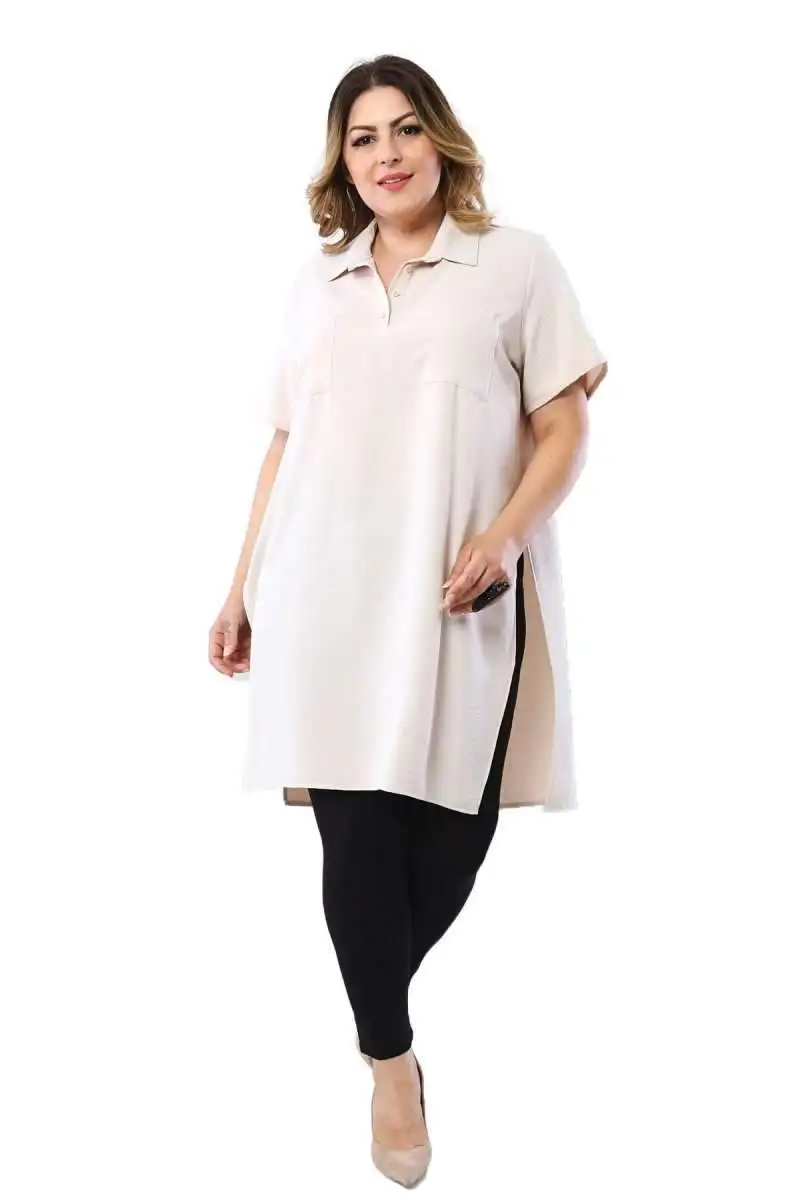 Hanezza Plus Size Women Fashion 2021 Summer Clothing Side Slash Detailed Short Sleeve Elegant Woven Shirts + 2XL - 6XL + Large Size Turn-Down Collar Chic Tops + 42 - 52 EU Casual Wear Female White, Yellow, Green