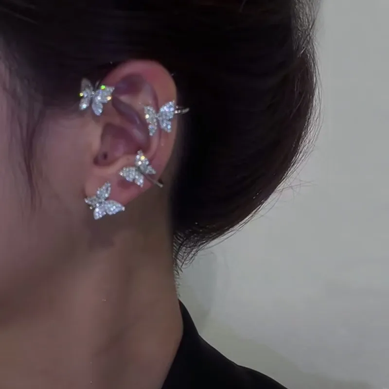 Exquisiter funkelnder Zirkon-Blätter-Ohrklemm-Ohrstecker für Damen, silberfarbene Kubikzirkonia-Ohrringe, Partyschmuck – Detail 6