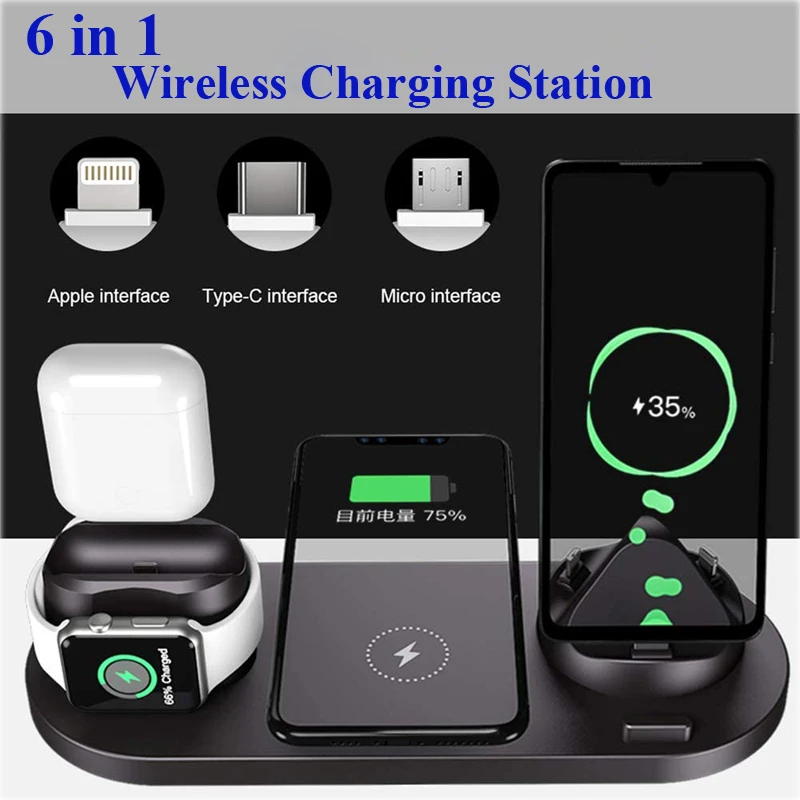 Wireless Charger 6 in 1 QI Fast Charging Station for IPhone 13 12 pro max Apple iWatch SE 6 5 4 3 2 AirPods Pro Samsung Galaxy