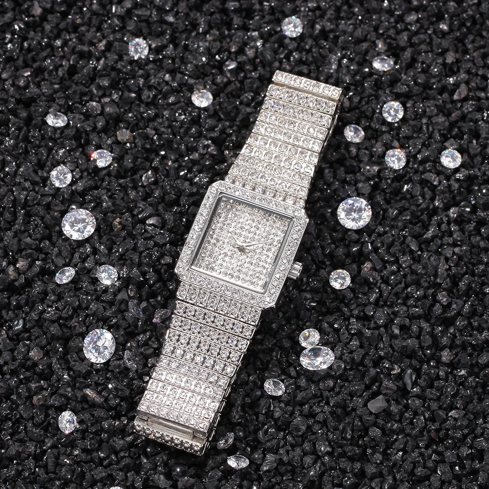 THE BLING KING Women Watch Stainless Steel Iced Out Rhinestone Bling Square Shape Luxury Waterproof Wrist Watches