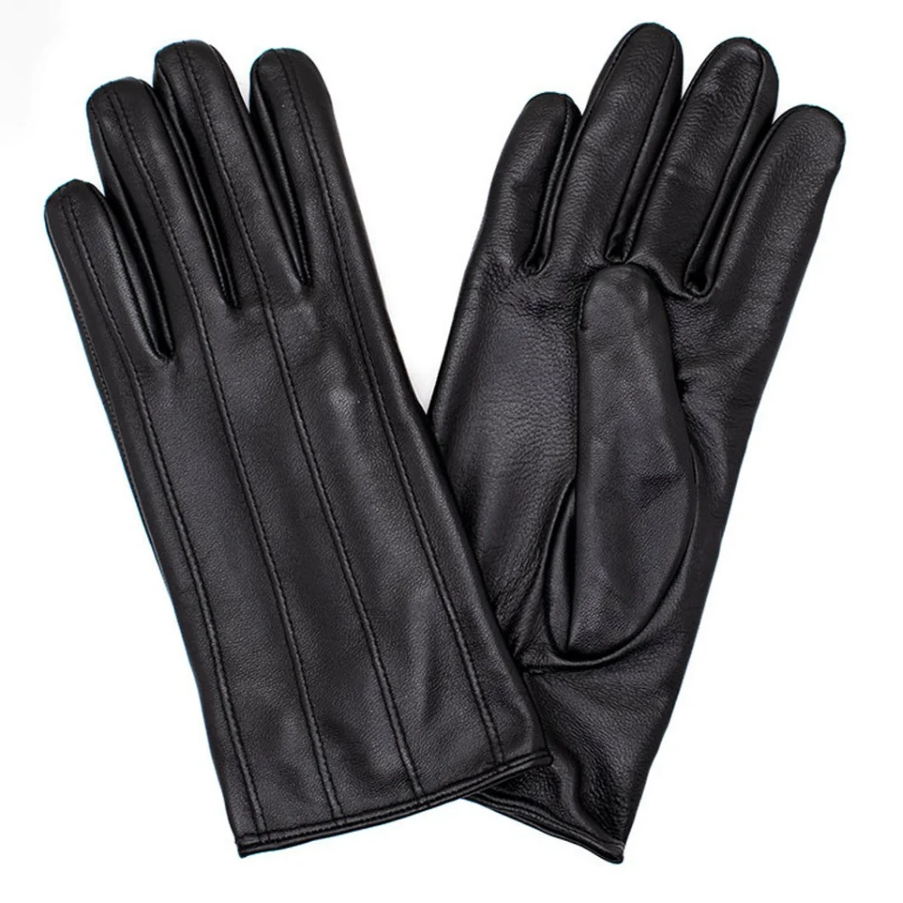 Black Winter Leather Genuine Gloves for Men QUALITY GUARANTEE Wool Fleece Lined Warm Gloves Lambskin HANDMADE WINDPROOF