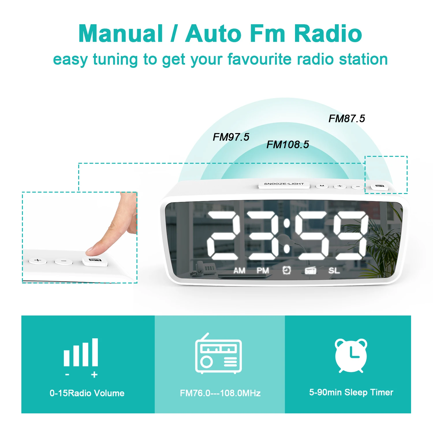 FM Radio LED Digital Smart Alarm Clock Watch Table Electronic Mirror Desktop Clocks 3 Levels Dimmer with Timer Snooze