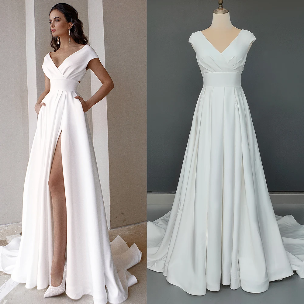 V pescoço de cetim alta divisão vestido de casamento simples longo plain a linha feito sob encomenda mais tamanho oco volta ruched varredura trem vestidos de noiva