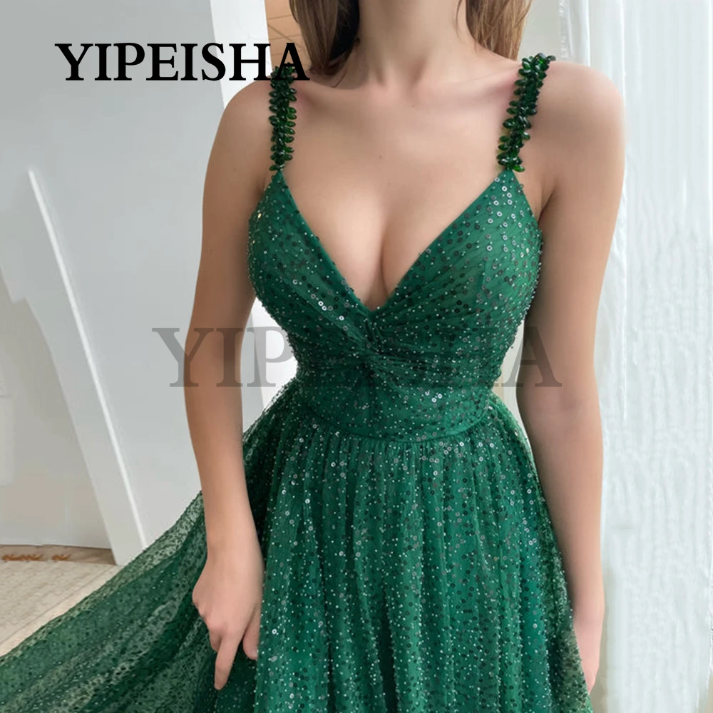 Brilhante A Linha Eevening Vestidos V-Neck Backless Spaghetti Strap Lantejoulas Verde Moderno vestido de Noiva robes de soirée فساتين السهرة