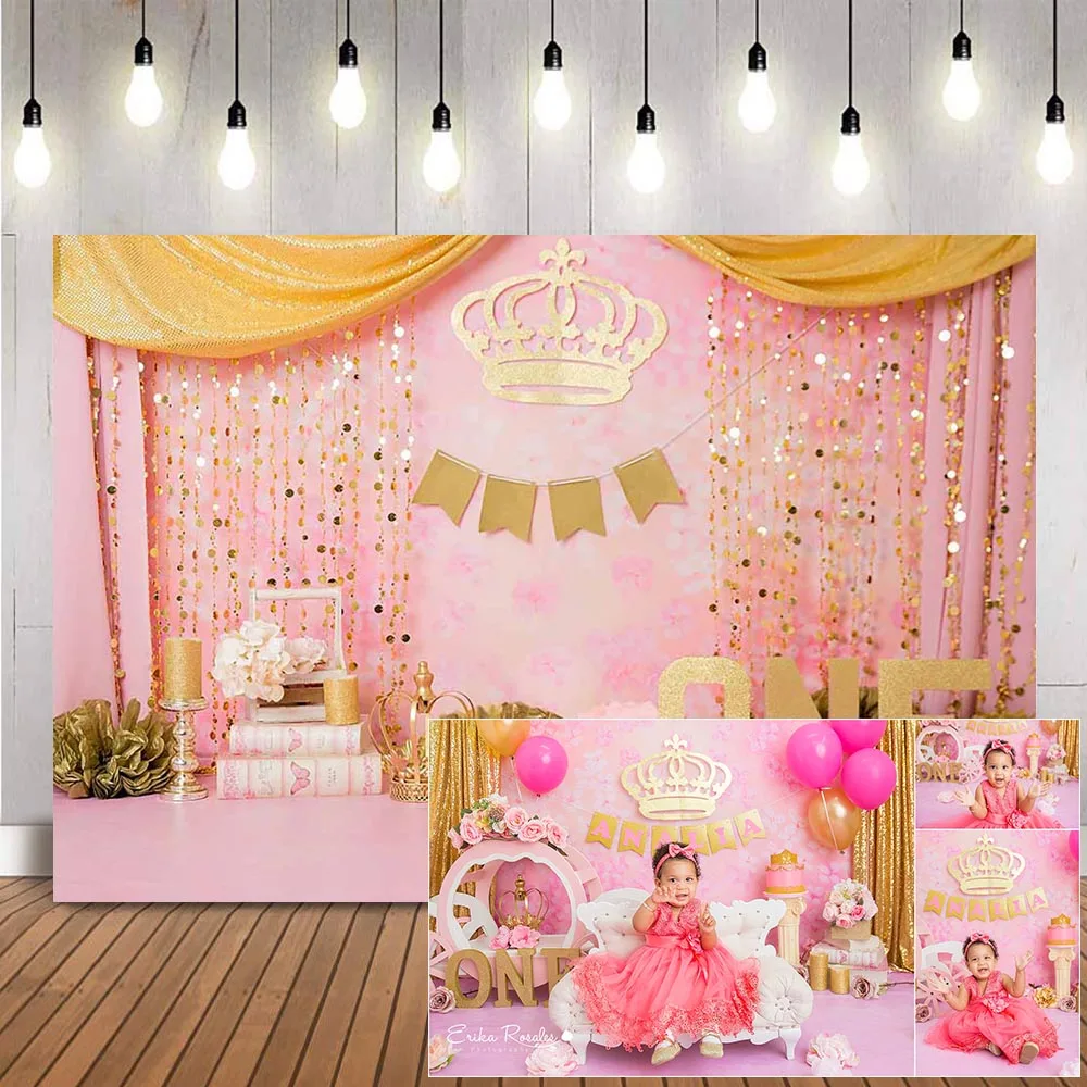 Princess Theme Cake Smash Birthday Backdrop  Sweet Girls 1st Birthday Pink Photo Background Gold Crown and curtrain Photography