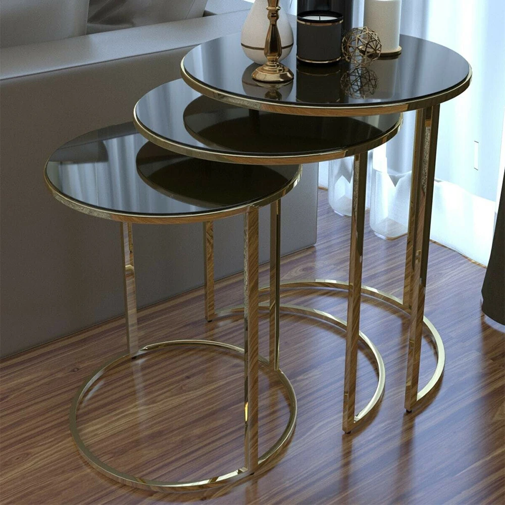 3 Pcs Gold Metal Nesting Table, Tea Coffee Service Table Round Living Room Nightstand, Nesting Table - Unbreakable Glass