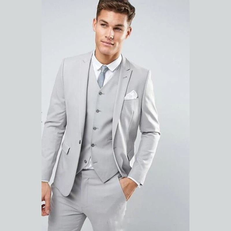 

Latest Coat Pants Design Light Grey Men Suits Slim Fit Wedding Skinny Jacket Custom Made Costume Groom Tuxedo 3 Piece Masculino