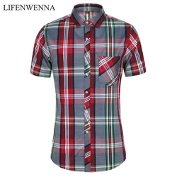 New Fashion Plaid Shirt Men Summer Casual Short Sleeve Shirts Mens Plus Size Beach Hawaiian Tops Blouse Male 5XL 6XL 7XL