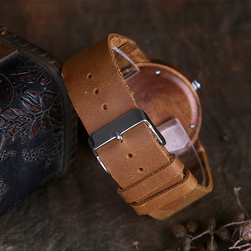 Relojes de madera con personalidad creativa para hombres de negocios, reloj de pulsera de madera de cuarzo con esfera grande a la moda, reloj de pulsera con correa de cuero Premium de lujo