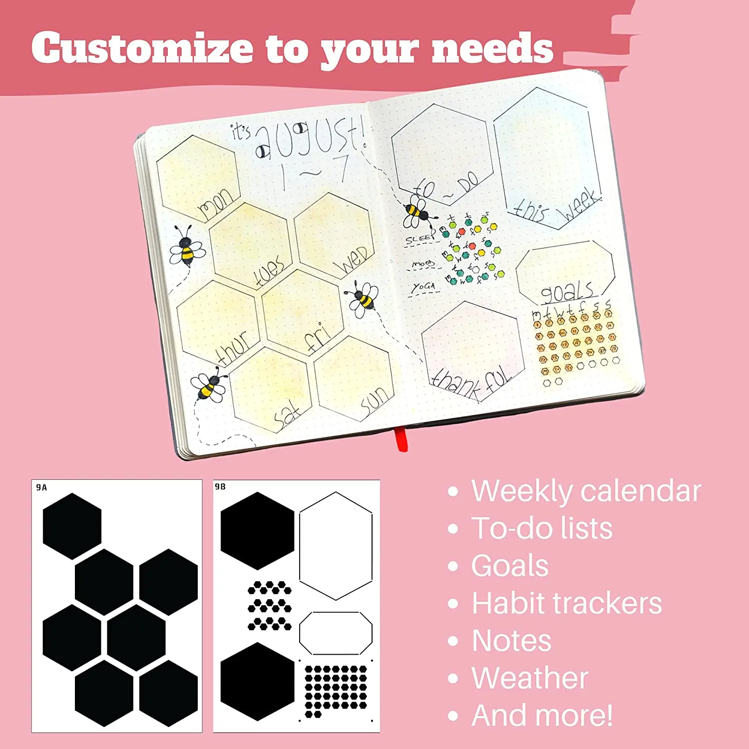 6Pack Reusable Plastic Weekly Layouts Journal Stencils for A5 Bullet Dot Grid Notebook, Save Time on Full-Page