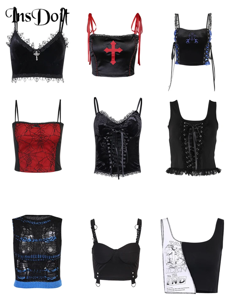 InsDoit Mall Gothic Sexy Corset Camis Women Vintage Lace Harajuku Print Streetwear Summer Black Crop Top Sleeveless Bandage Tops